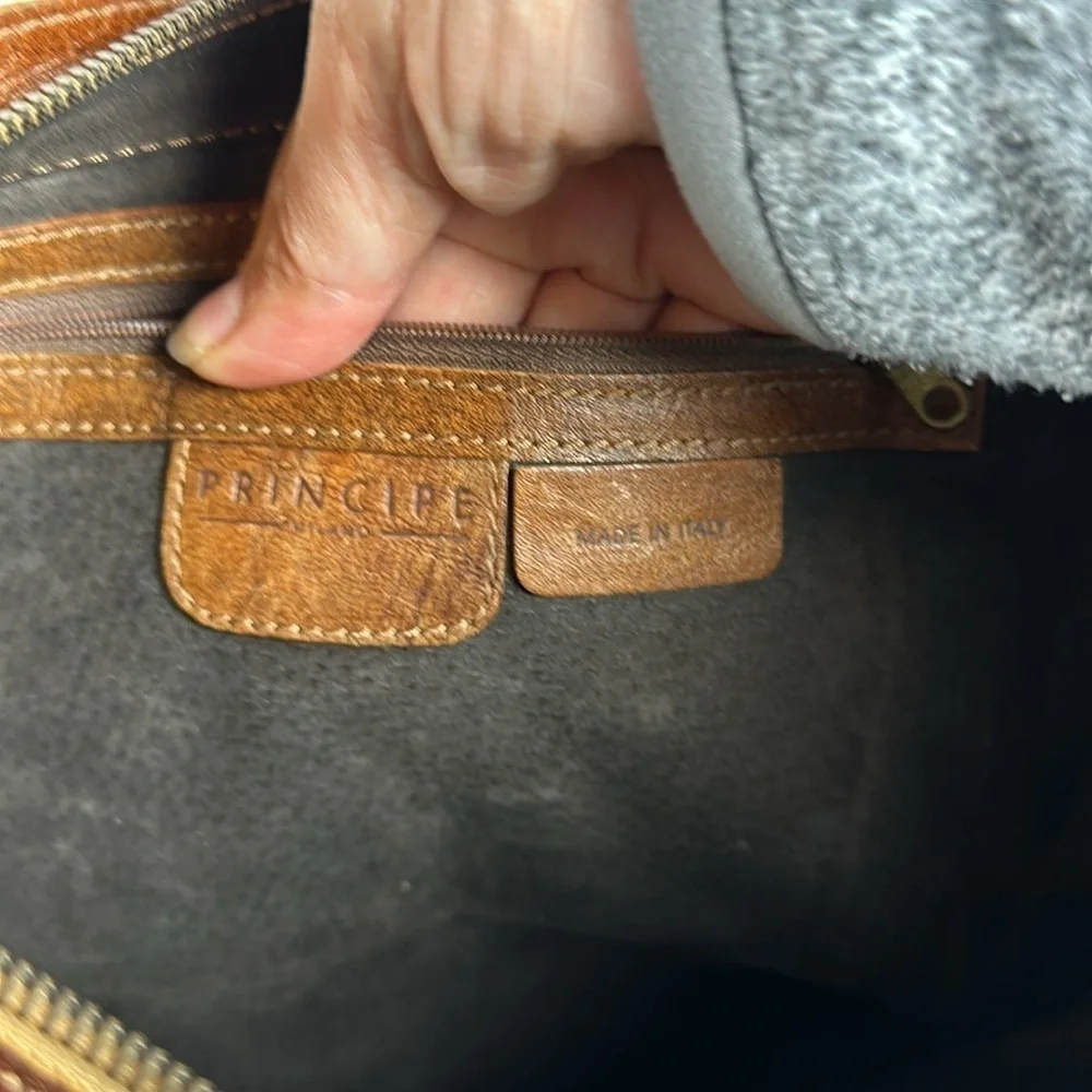 Vintage PRINCIPE Brown Leather COWHIDE PONY HAIR Satchel Crossbody Made in Italy